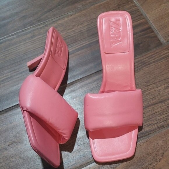 Zara 8 8.5 Women's Pink Puffer Slide Sandals Kitten Heel - Picture 1 of 5